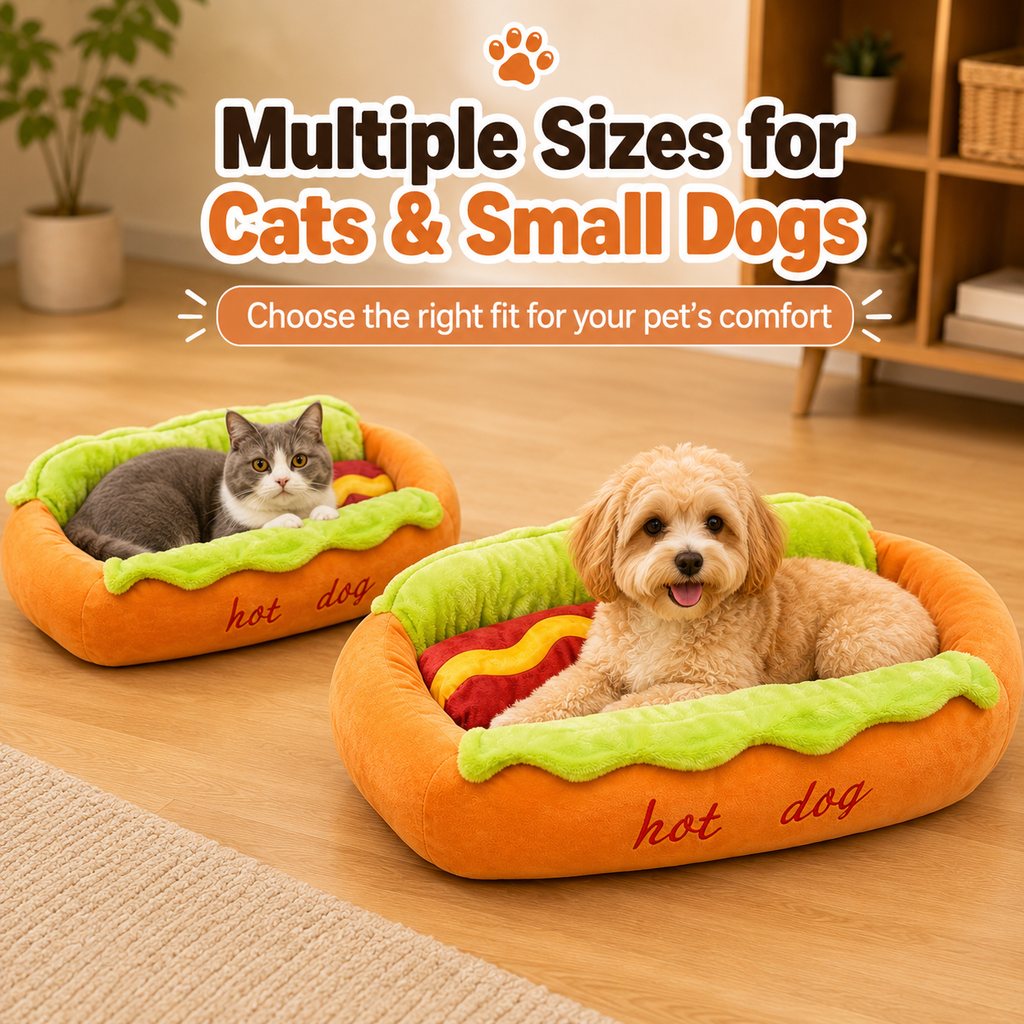 Ortekor Hot Dog Pet Bed for Cats & Small Dogs - Plush Bolster Bed with Removable Cushion for Cozy Indoor Naps