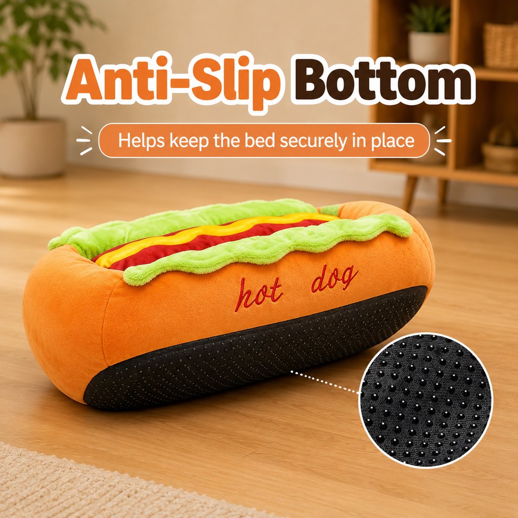 Ortekor Hot Dog Pet Bed for Cats & Small Dogs - Plush Bolster Bed with Removable Cushion for Cozy Indoor Naps