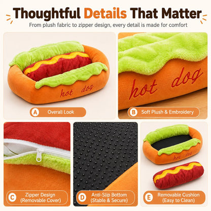 Ortekor Hot Dog Pet Bed for Cats & Small Dogs - Plush Bolster Bed with Removable Cushion for Cozy Indoor Naps