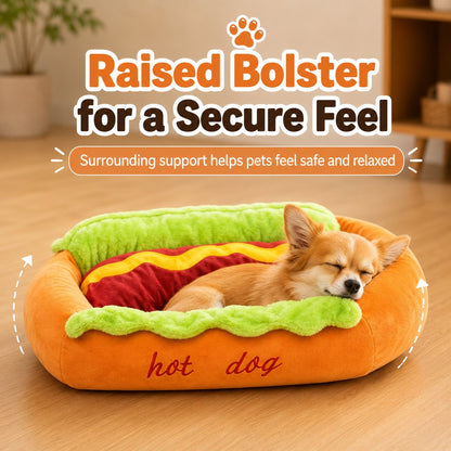 Ortekor Hot Dog Pet Bed for Cats & Small Dogs - Plush Bolster Bed with Removable Cushion for Cozy Indoor Naps