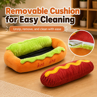Ortekor Hot Dog Pet Bed for Cats & Small Dogs - Plush Bolster Bed with Removable Cushion for Cozy Indoor Naps