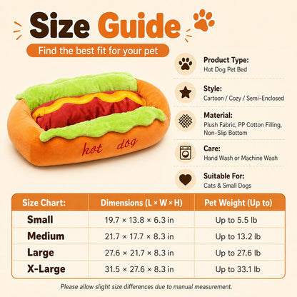 Ortekor Hot Dog Pet Bed for Cats & Small Dogs - Plush Bolster Bed with Removable Cushion for Cozy Indoor Naps