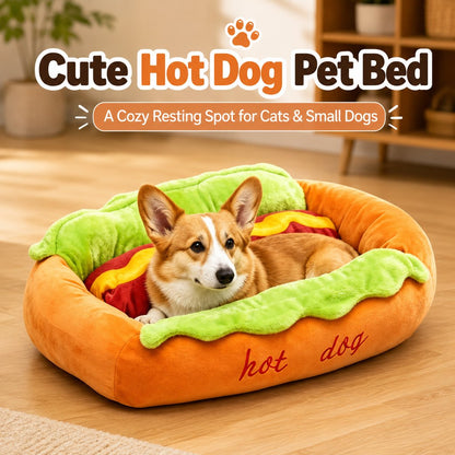Ortekor Hot Dog Pet Bed for Cats & Small Dogs - Plush Bolster Bed with Removable Cushion for Cozy Indoor Naps