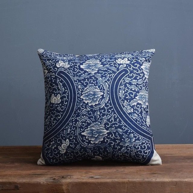 Talon Cushion Cover - Linen Cotton Blend, Blue Porcelain Print for Sofa