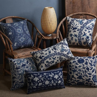 Talon Cushion Cover - Linen Cotton Blend, Blue Porcelain Print for Sofa