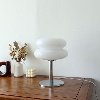 Sculptural Chrome and Frosted Glass Nightstand Lamp with Soft Glow LED for Bedroom, Desk, Living Room Accent Lighting