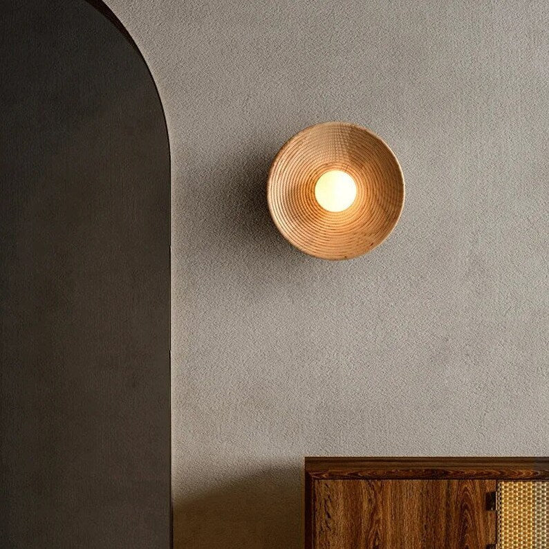 Sconce Light with Glass Globe and Wood Base for Bedrooms, Hallways, Living Rooms – 10.6 in Round Ambient Fixture – Scandinavian Minimalist J