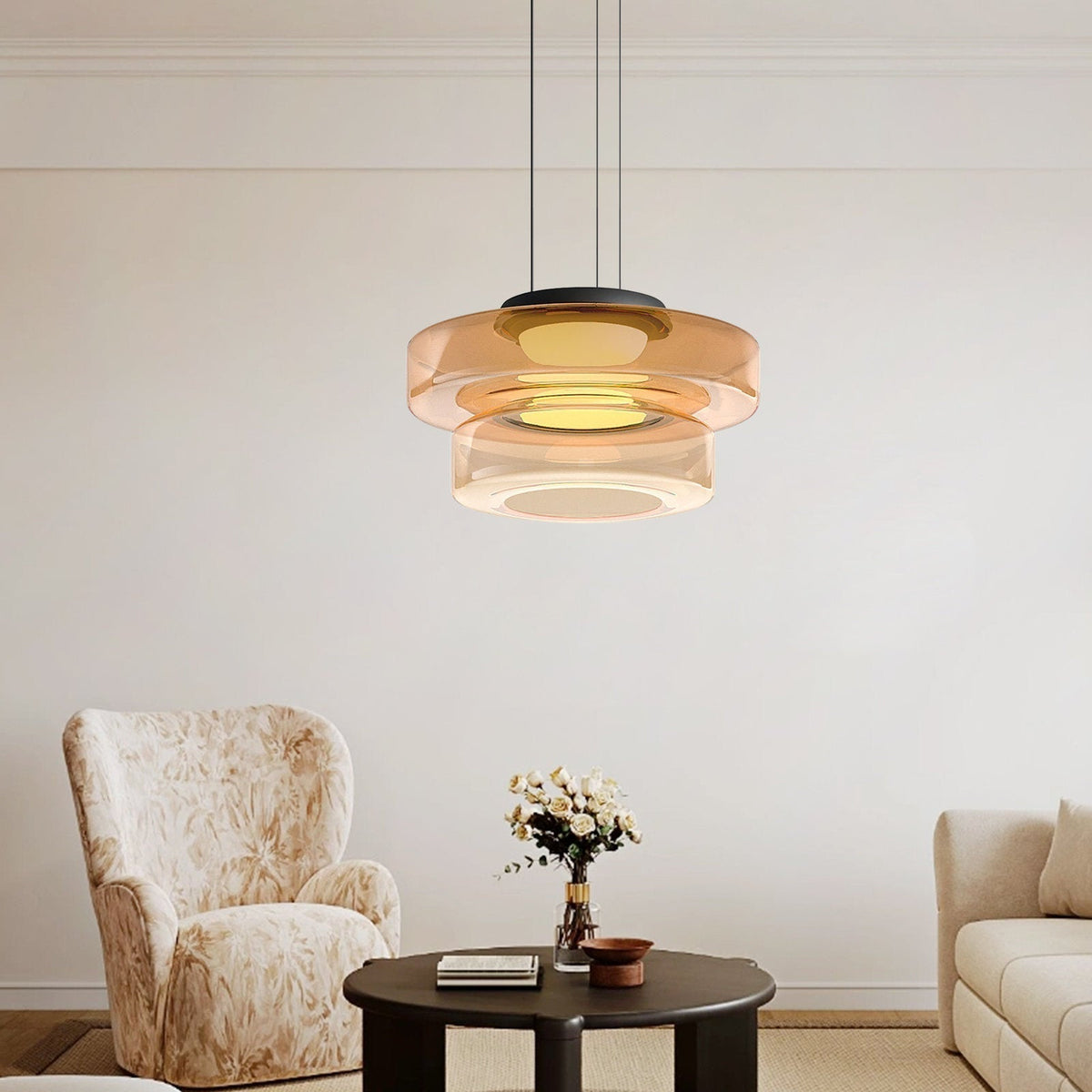 Tiered Glass Hanging Fixture 18 in Amber with Integrated LED for Island Kitchens Dining Areas Living Spaces Modern Minimalist Bauhaus-Inspir