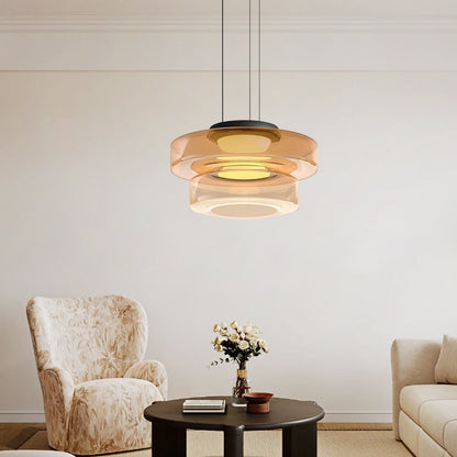 Stacked Glass Shade Ceiling Fixture 18 in Diameter Adjustable Height 12W Warm LED Kitchen Island Dining Room Modern Sculptural Hanging Light