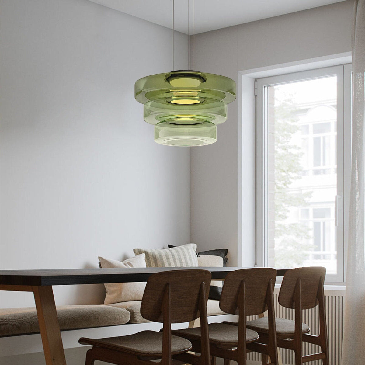 Layered Glass Dome Hanging Lamp 18 in Smoky Gray LED for Kitchen Island Dining Room Ceiling Fixture Adjustable Cord Modern Minimalist Style