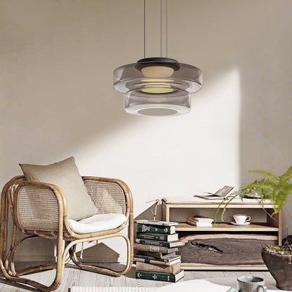 Stacked Glass Shade Ceiling Fixture 18 in Diameter Adjustable Height 12W Warm LED Kitchen Island Dining Room Modern Sculptural Hanging Light