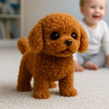 Plush Electronic Puppy Toy with Motion Sensors and Bark Sounds for Kids Bedroom Play White Brown Realistic Walking Pet Alternative Gift for