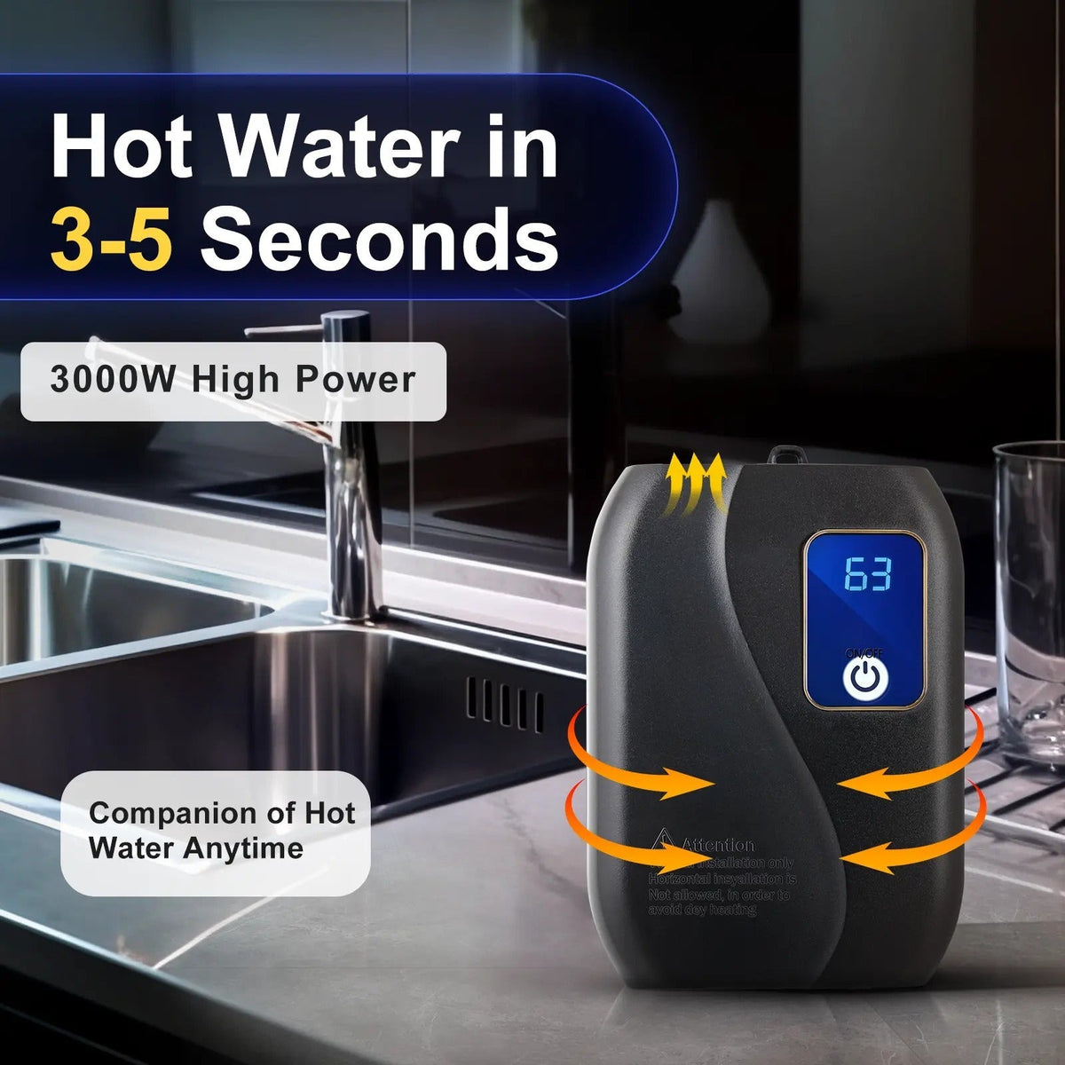 Electric Tankless Water Heater 3000W 110V On-Demand Hot Water System for Bathroom Kitchen Space-Saving Wall-Mount LED Display