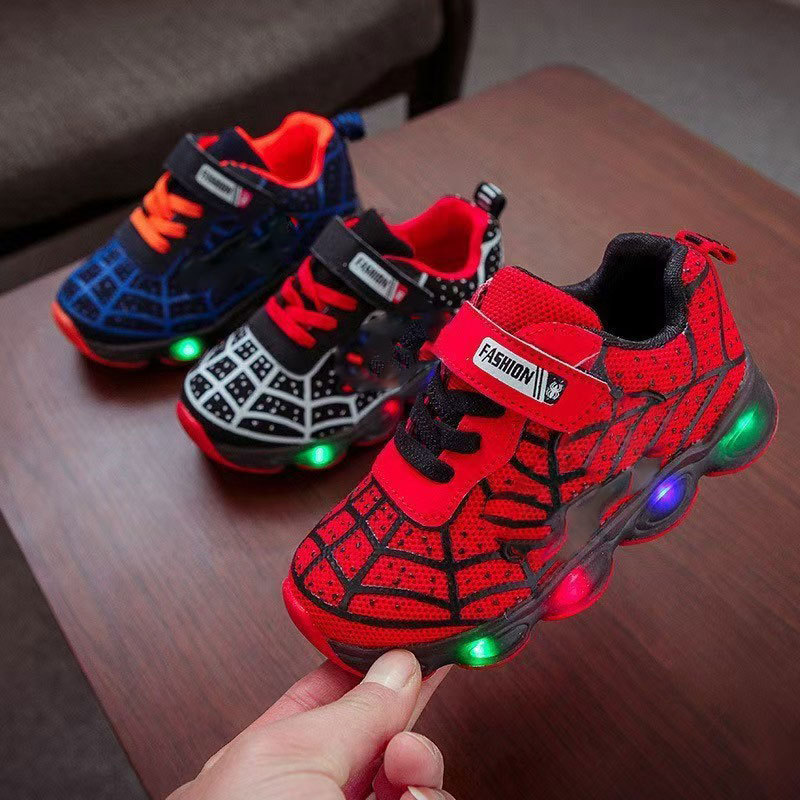 Light-Up Kids Sneakers with LED Soles – Hero-Themed Athletic Shoes for Boys & Girls, Hook-and-Loop Closure, Multi-Color Flashing Lights