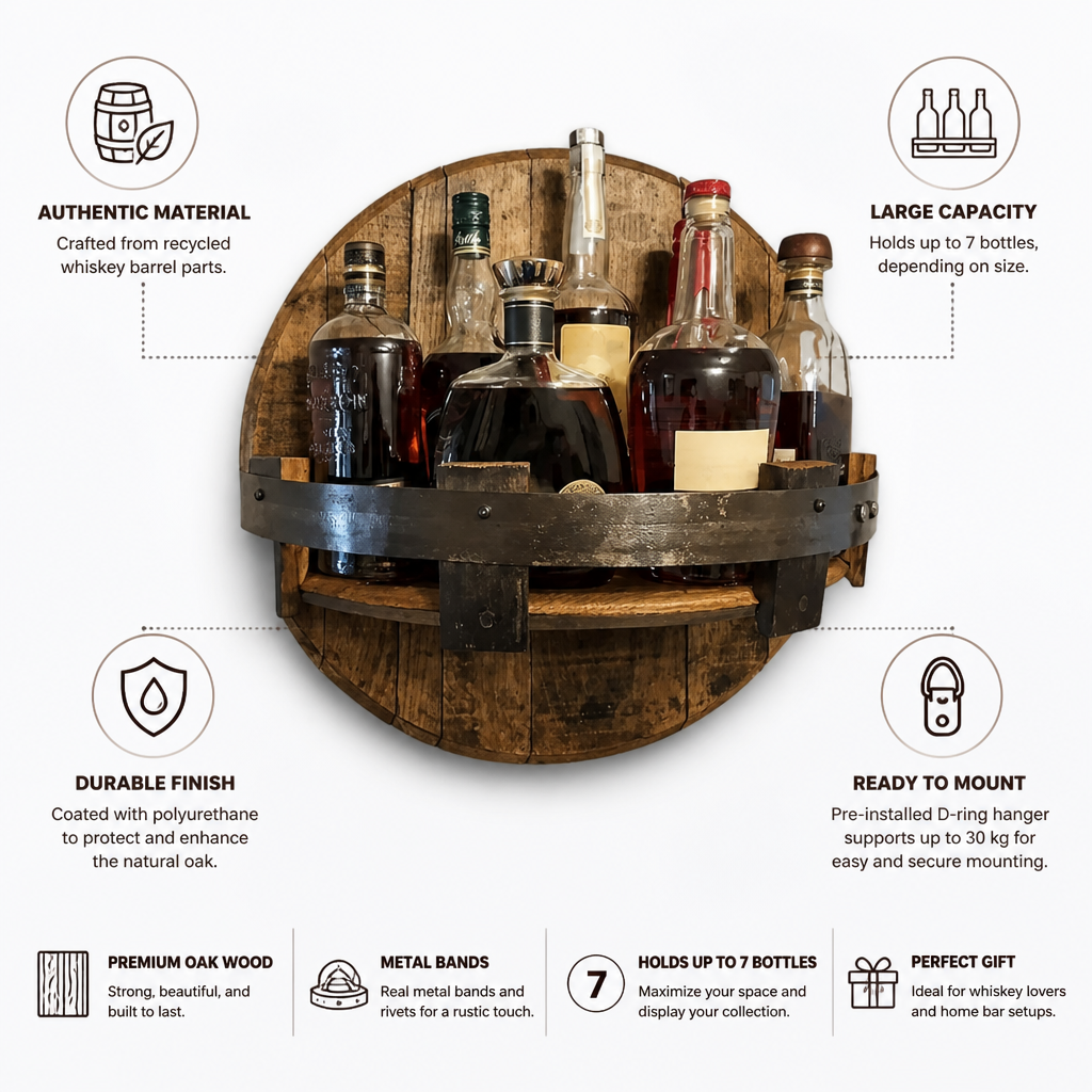Reclaimed Oak & Metal-Band Wall Wine Rack (7-Bottle)