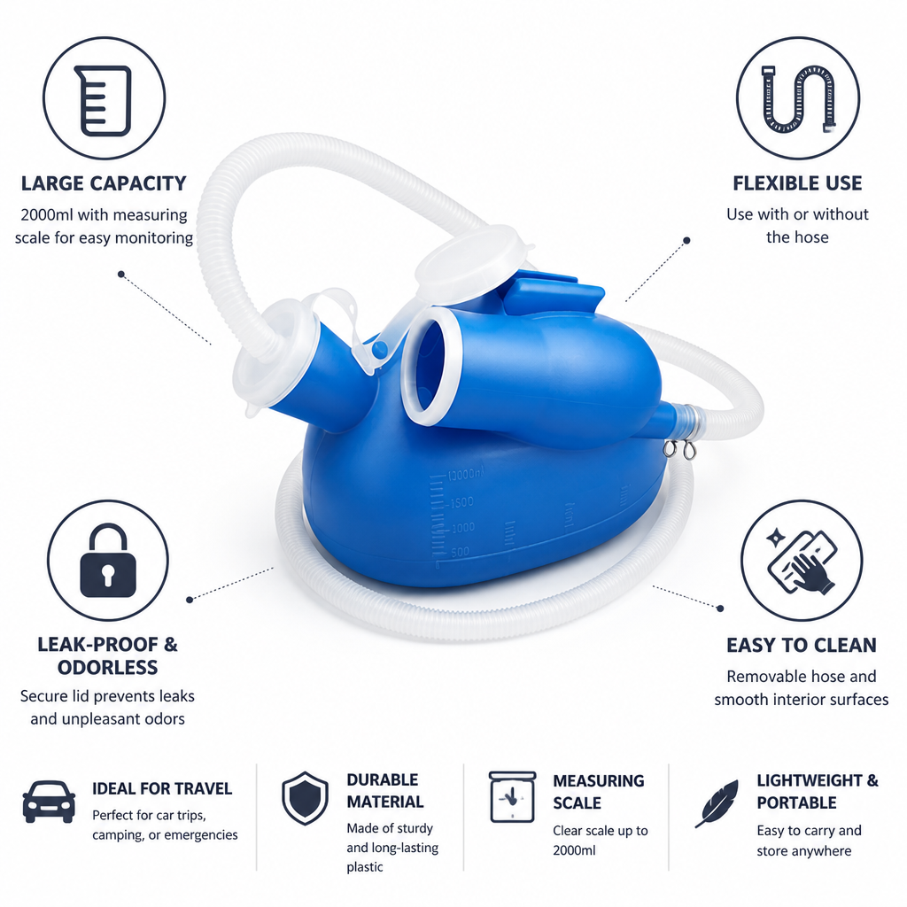 Travel Comfort | Men's Portable Urinal with Leak-Seal Lid & Removable Hose | 2L Capacity for On-the-Go Convenience