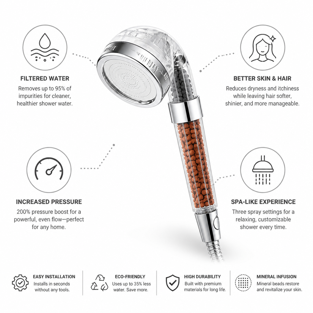 Mineral Filtration & Pressure-Boost Shower Head (3 Spray Modes)