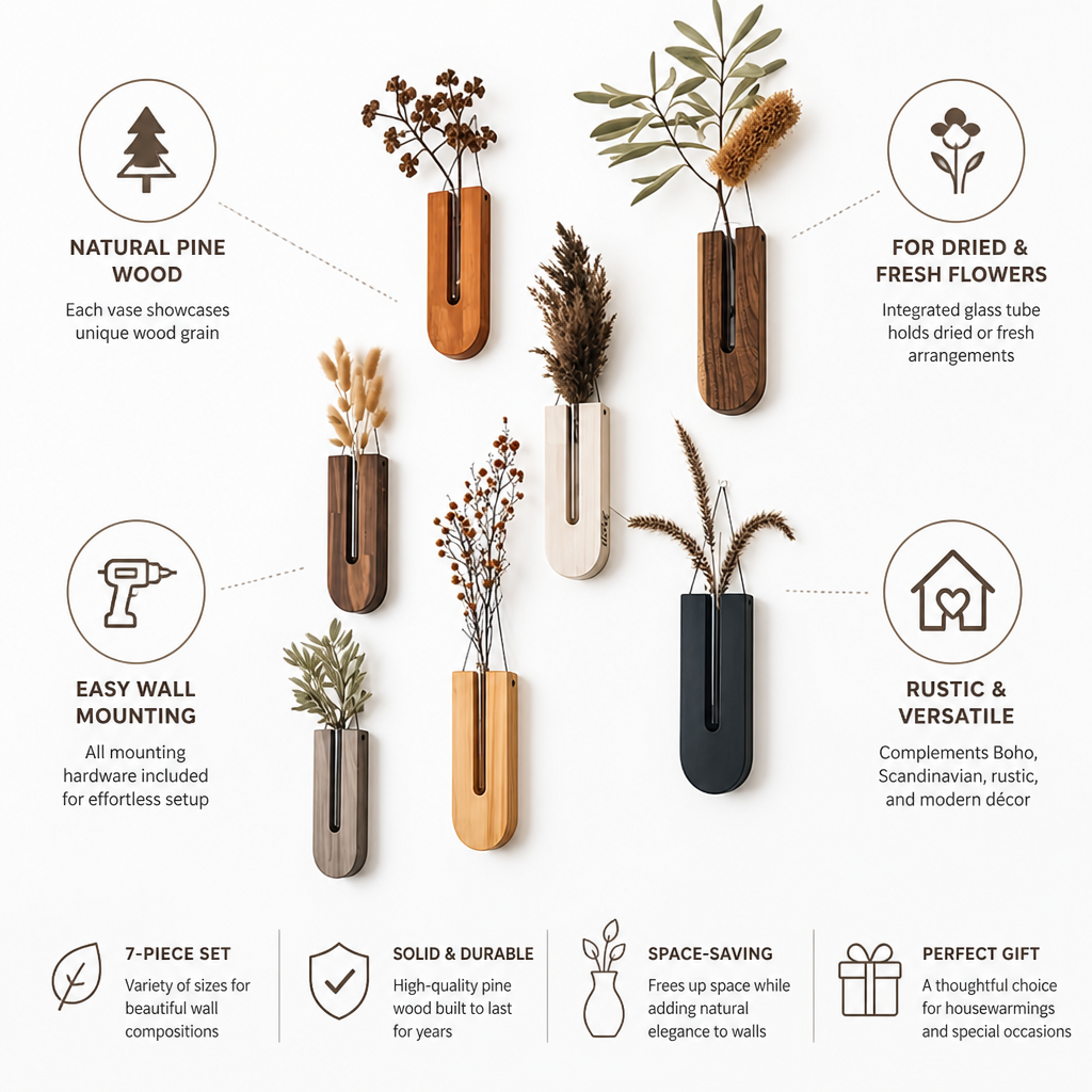 Natural Pine & Glass-Tube Wall Vases (Set of 7)