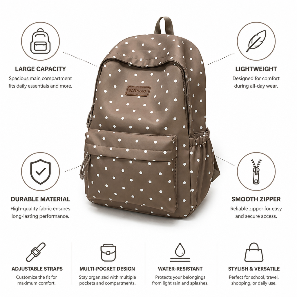 Lightweight Large-Capacity Polka Dot Backpack