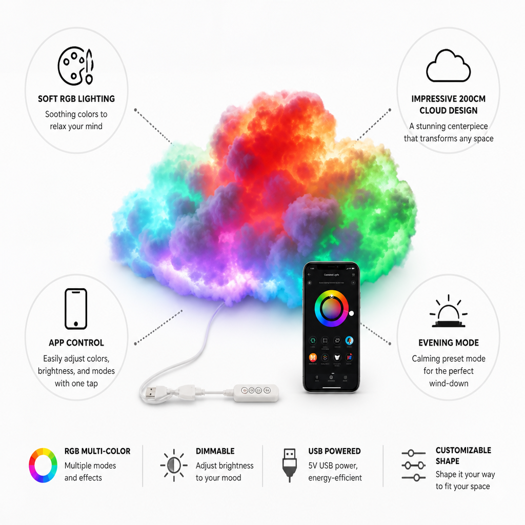 Cloud Mood Lamp | App-Controlled RGB LED Light with Customizable Design | 200 cm Relaxing Ambience