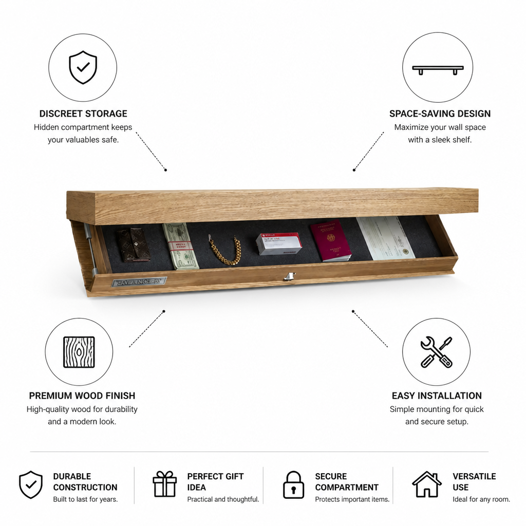 Stylish Floating Wall Shelf with Hidden Compartment | Wood Finish for Organized Living