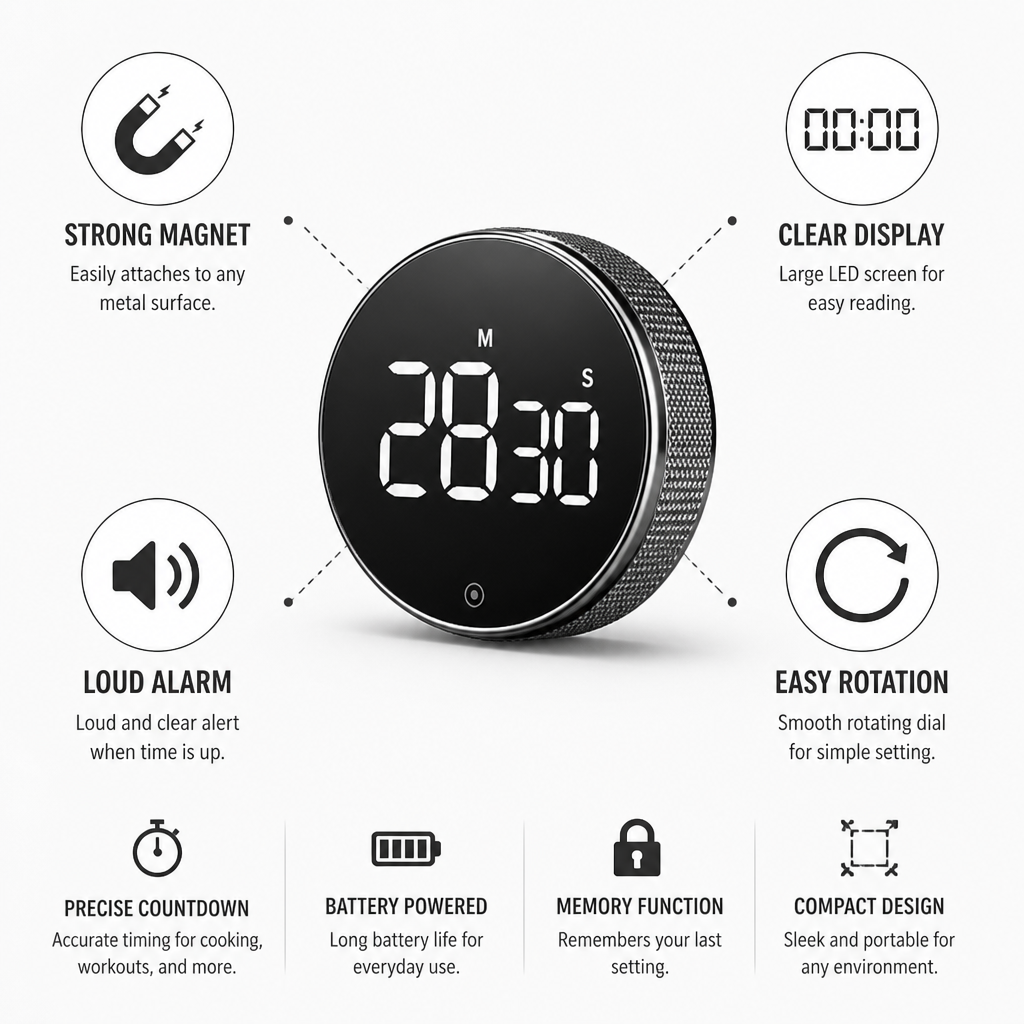 Magnetic Digital Kitchen Timer with Loud Alarm & Clear Display for Precise Cooking Timing