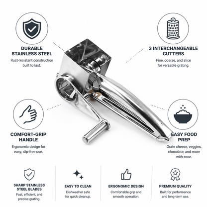 Versatile Cheese Grater with Ergonomic Handle & 3 Interchangeable Cutters | Stainless Steel for Effortless Food Prep