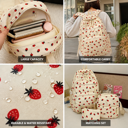 Strawberry-Print Large-Capacity Backpack