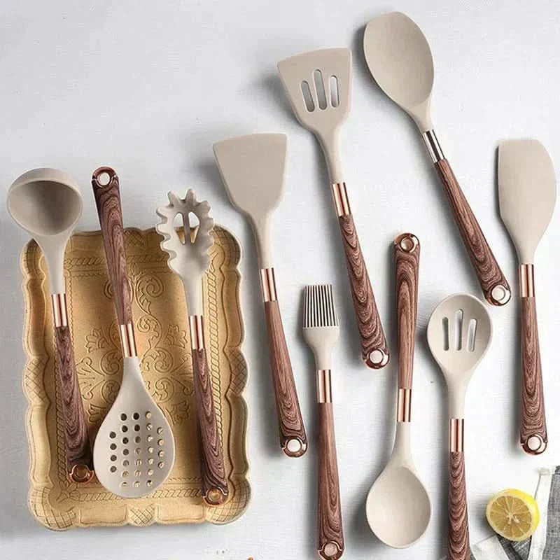 Silicone Cooking Utensil Set with Wooden Handles – 10-Piece Non-Stick Safe Tools for Everyday Meal Prep