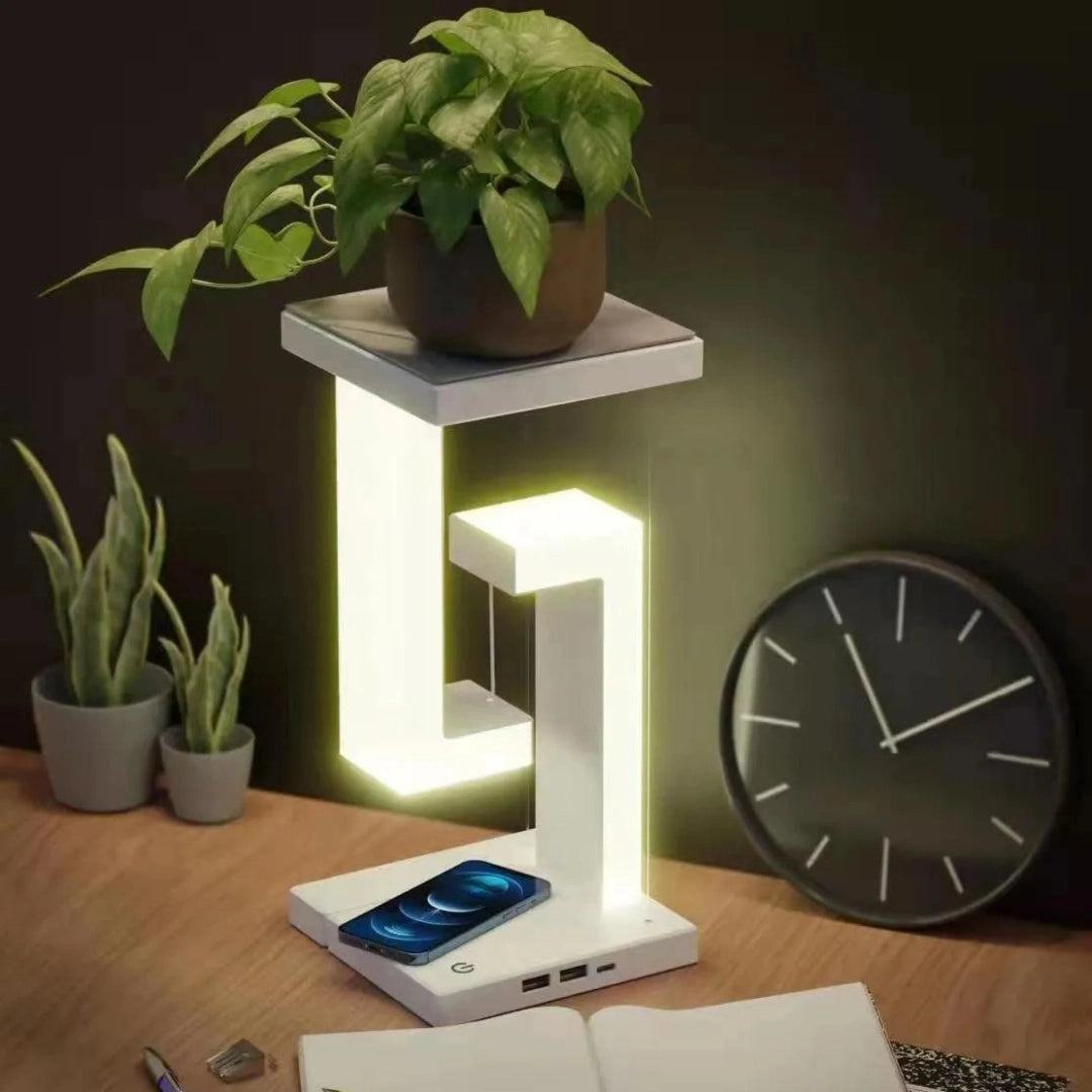 Floating Magnetic Desk Lamp with Wireless Charging Pad for Smartphones - Adjustable Brightness Touch Control LED Light for Home Office