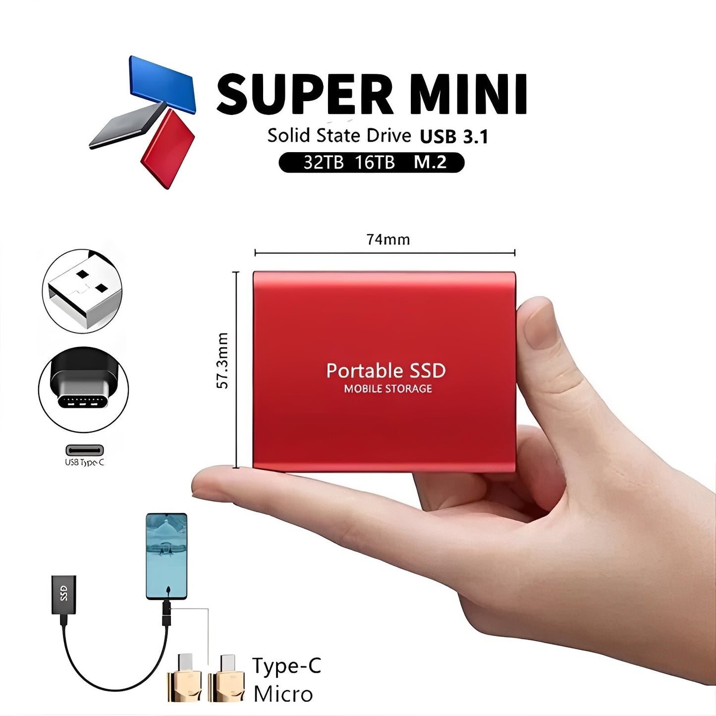 Compact USB 3.1 External SSD Hard Drive with Metal Case