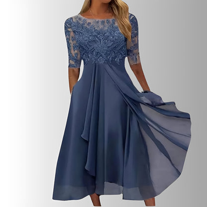 Beautiful Floral Tea Length Dress with Flared Skirt - Ortekor