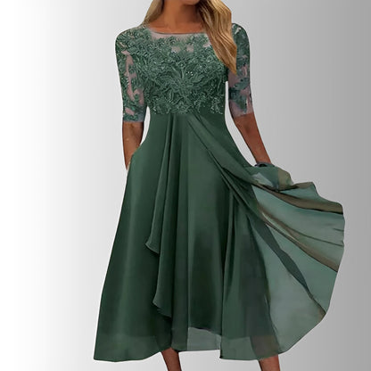 Beautiful Floral Tea Length Dress with Flared Skirt