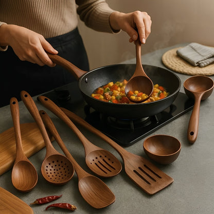 Natural Wooden Kitchen Tool Set with Comfort Grip