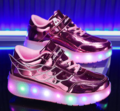 LED Light-Up Wheeled Sneakers for Kids – Pink Canvas High-Top with Wing Design & USB Charging for Girls & Teens