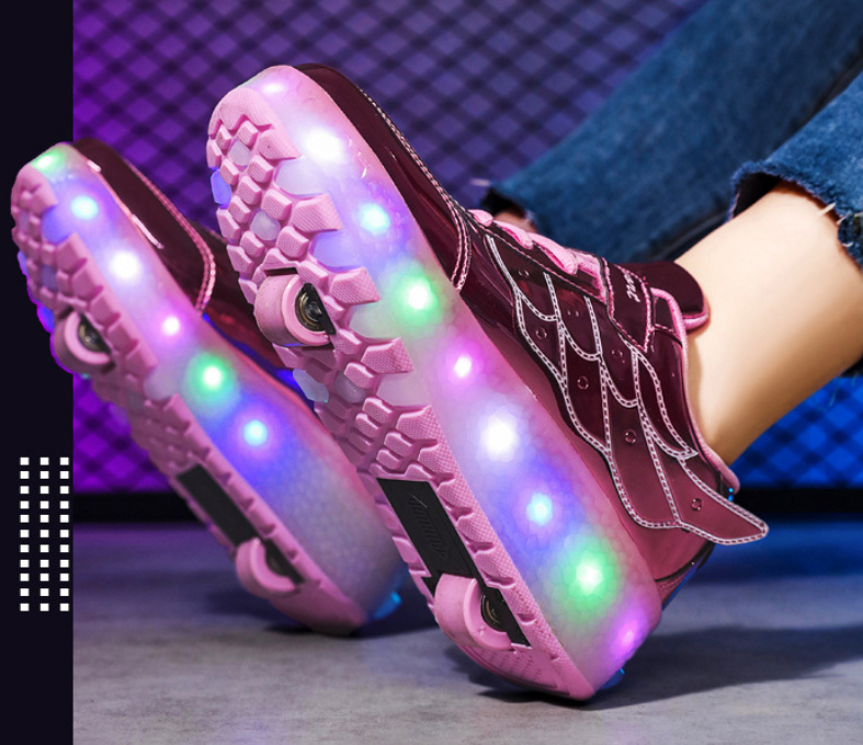 LED Light-Up Wheeled Sneakers for Kids – Pink Canvas High-Top with Wing Design & USB Charging for Girls & Teens