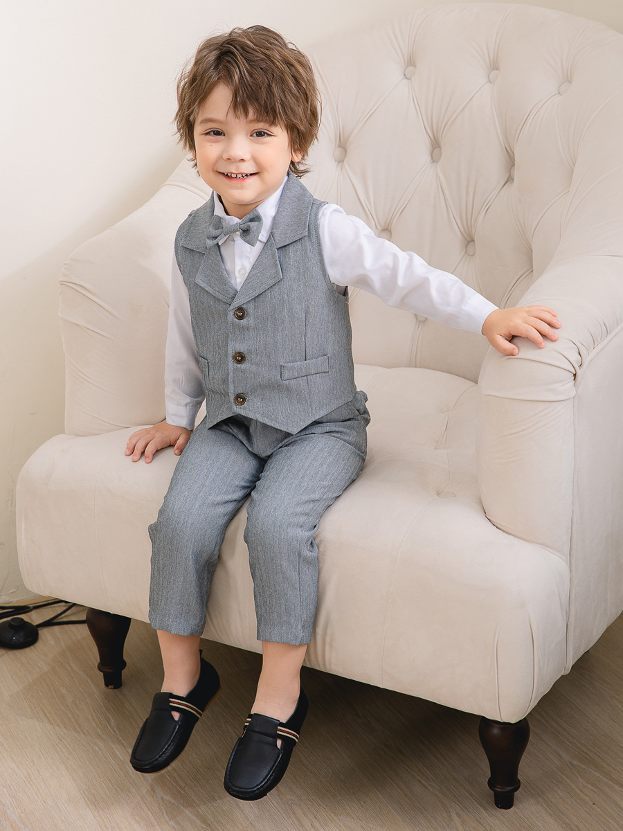 Boys Formal Outfit 3-Piece Set with Shirt Vest Pants Bow Tie Navy Light Blue for Weddings Parties Special Occasions Toddler Kids