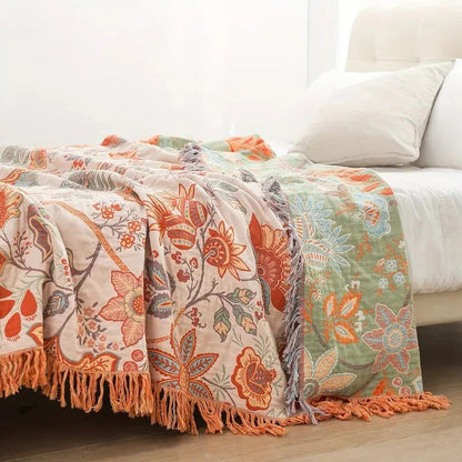 Colorful Floral Blanket with Bohemian Tassel Trim