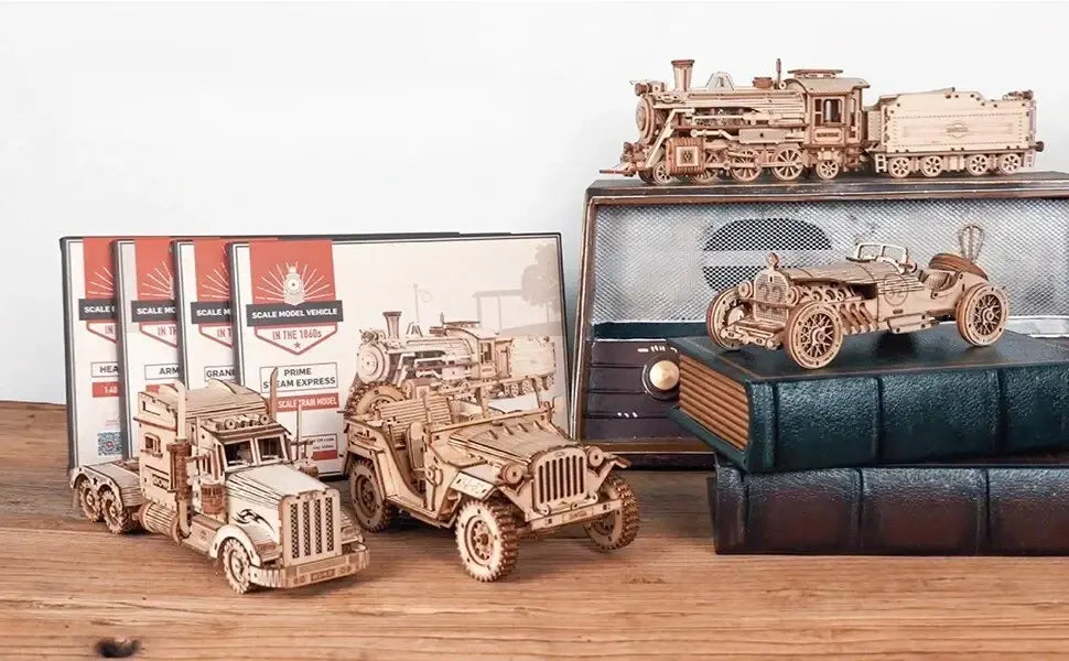 3D Timber Assembly Kit Interlocking Brain Teaser for Adults Desktop Display Model Collectible Hobbyist Project Vehicle Locomotive Automobile