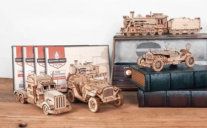 3D Timber Assembly Kit Interlocking Brain Teaser for Adults Desktop Display Model Collectible Hobbyist Project Vehicle Locomotive Automobile
