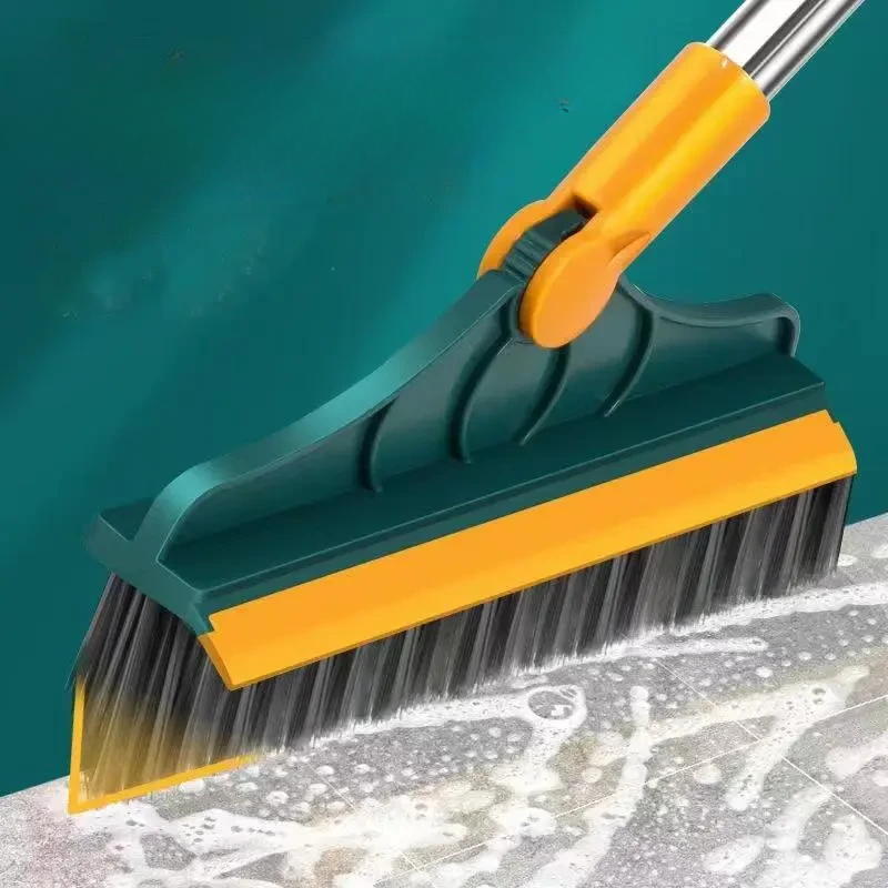 Rotating Head Bathroom Floor Scrubber with Squeegee for Tiles, Tubs & Grout – Long Handle Cleaning Tool for Corners & Tight Spaces