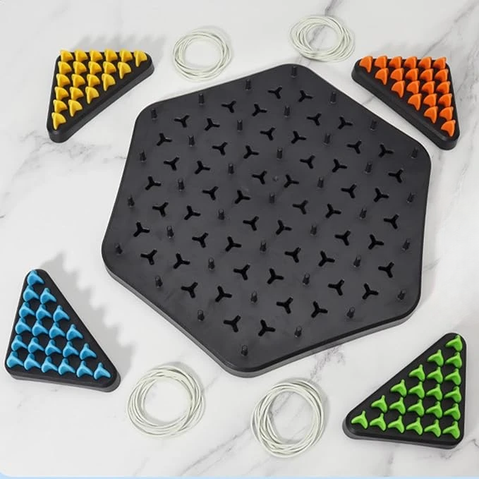 Triangle Strategy Board Game for Kids & Adults – Spatial Reasoning Puzzle with Pegs & Bands for Family Game Night