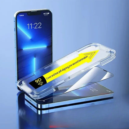 Tempered Glass Screen Shield with Auto-Align Frame for iPhone – Scratch-Resistant, Bubble-Free Installation, Dust-Sealed Applicator