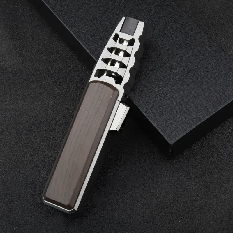 Refillable Butane Jet Flame Lighter with Carbon Fiber & Wood Finish for Outdoor Use, Camping, Cigars