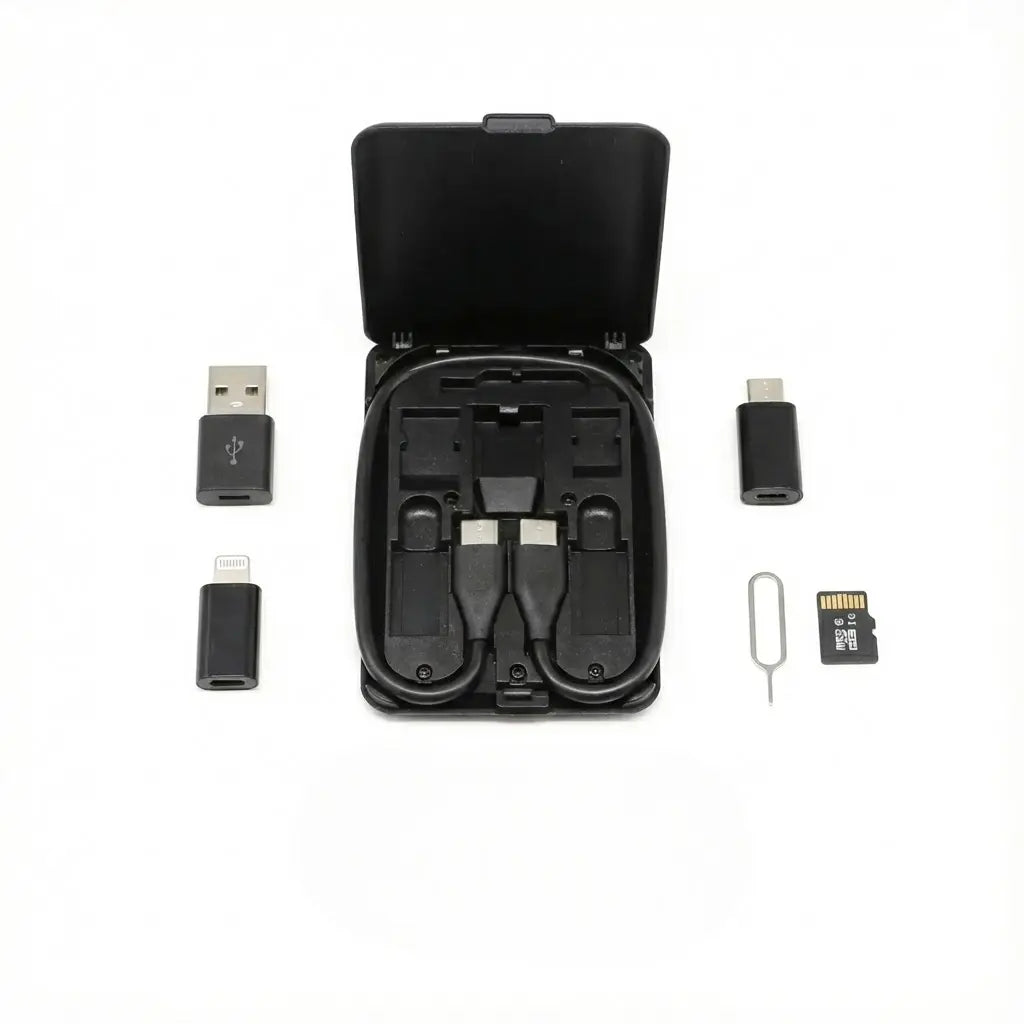 Multi-Device Charging Cable Kit with Type-C, Lightning, Micro-USB & USB-A Adapters – Slim Wallet Case, Built-In Phone Stand for Travel, Work
