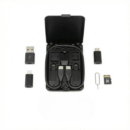 Multi-Device Charging Cable Kit with Type-C, Lightning, Micro-USB & USB-A Adapters – Slim Wallet Case, Built-In Phone Stand for Travel, Work