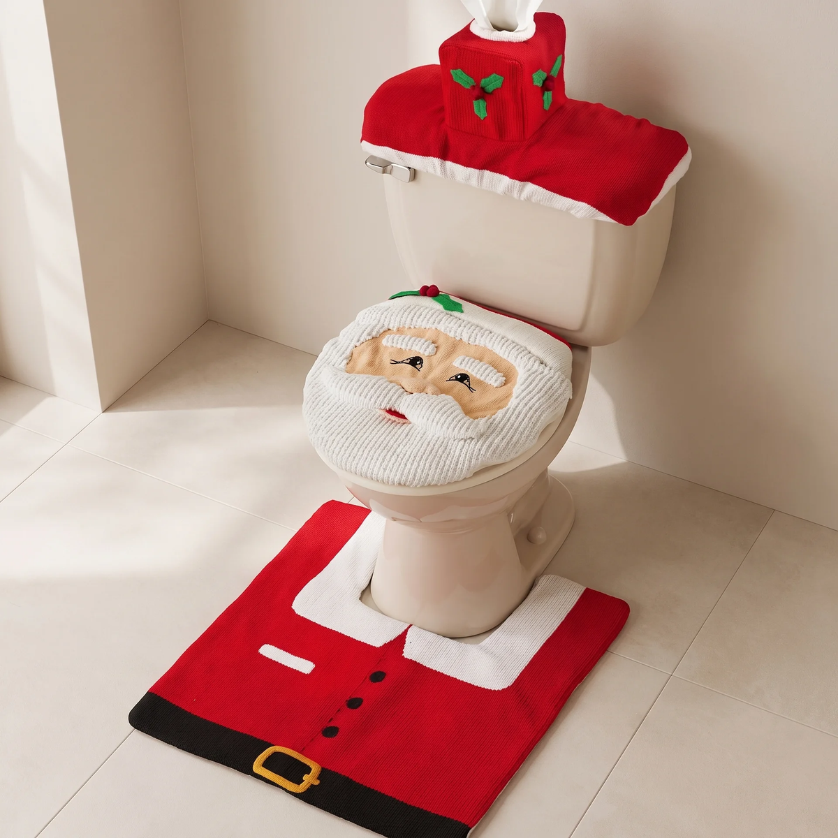 Sable Santa Toilet Cover Set - Plush 3-Piece, Festive Holiday Decor