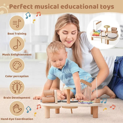 Wooden Musical Activity Station for Kids – Xylophone, Drums & Bell Playset for Toddlers, Early Learning Rhythm Toy for Boys & Girls Ages
