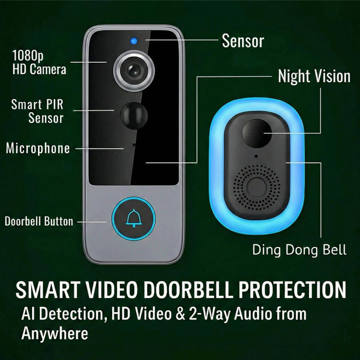 Wireless Smart Video Doorbell Camera with HD Recording and Two-Way Talk for Home Security