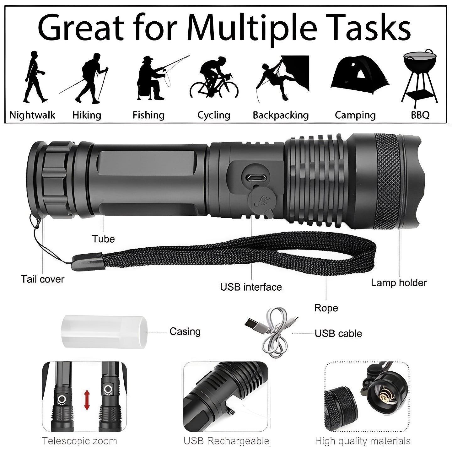 Bright Adjustable LED Torch with Rechargeable Battery